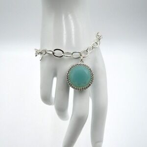 SAQ Bracelet Womens Silver Tone Aqua Blue Lucite Pendant Rhinestone Chain Link